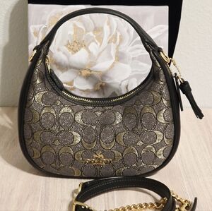 Coach Carmen Mini Crossbody Bag Sig Purse Jacquard Leather CCF76 Metallic Gold